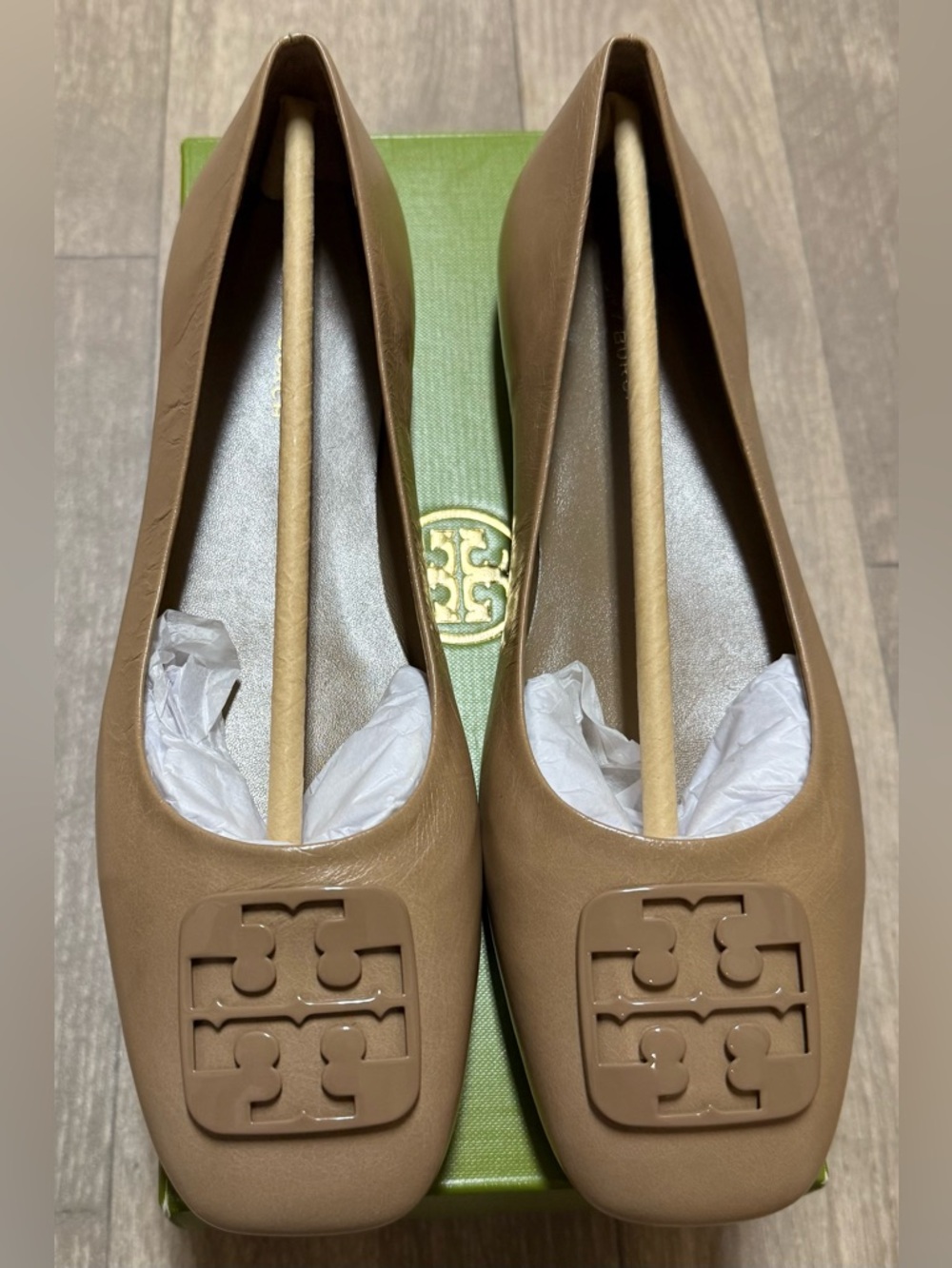 Tory Burch Camel Leather Logo Ballet Flats
